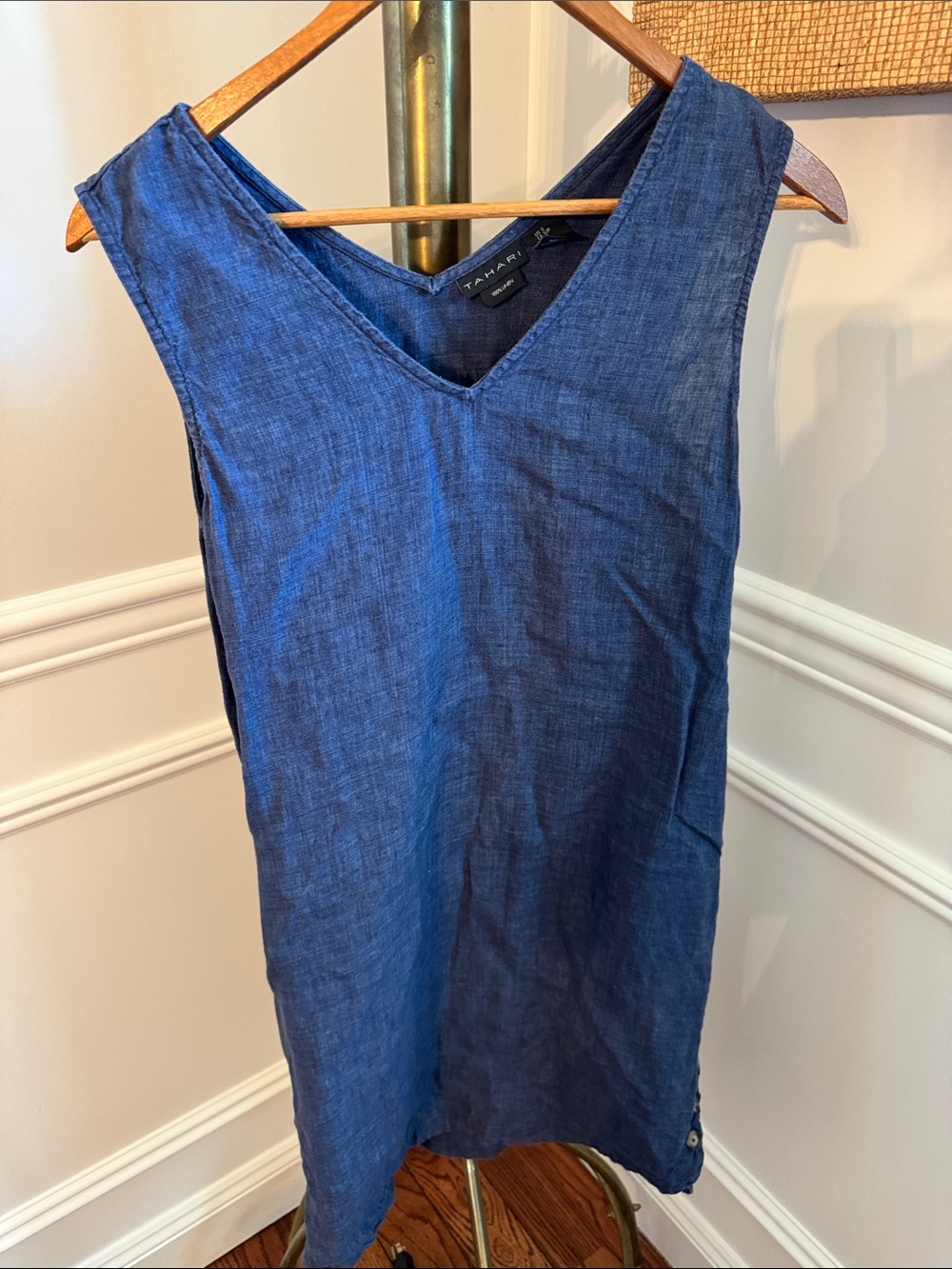 Tahari Sleeveless V-Neck Linen Dress in Royal Navy